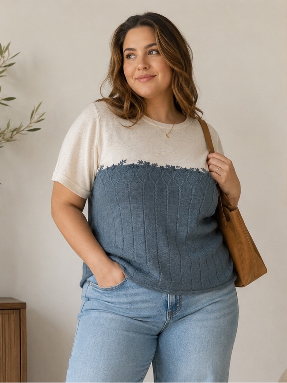 TanJay Cream and Blue Textured Knit Top